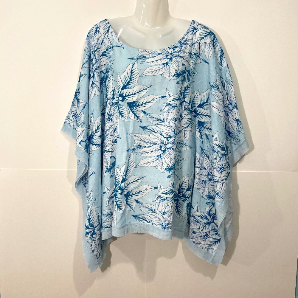 Cynthia Rowley Linen Blend Tunic Kimono Sleeves Floral Blue Lace Size 1X